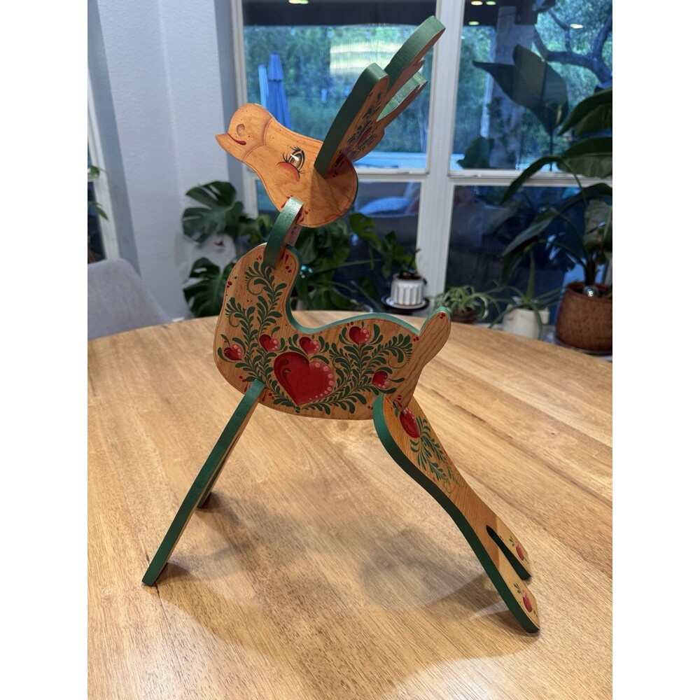 Vtg 80s Tole Painted Wooden Reindeer Folk Art Rustic Cottage Scandinavian Style